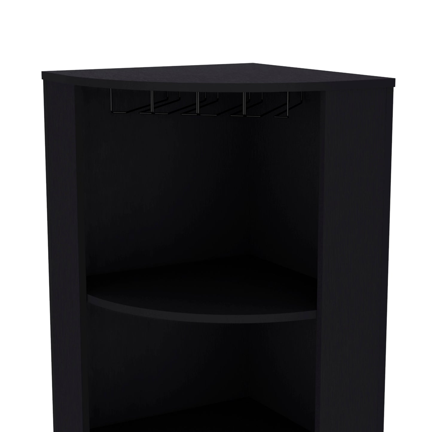 Black corner bar cabinet with glass rack and shelves