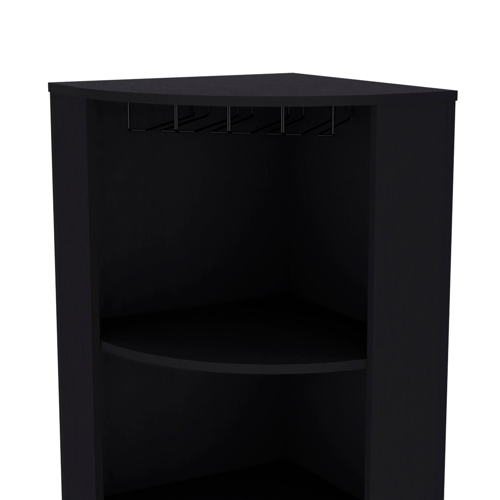 Black corner bar cabinet with glass rack and shelves