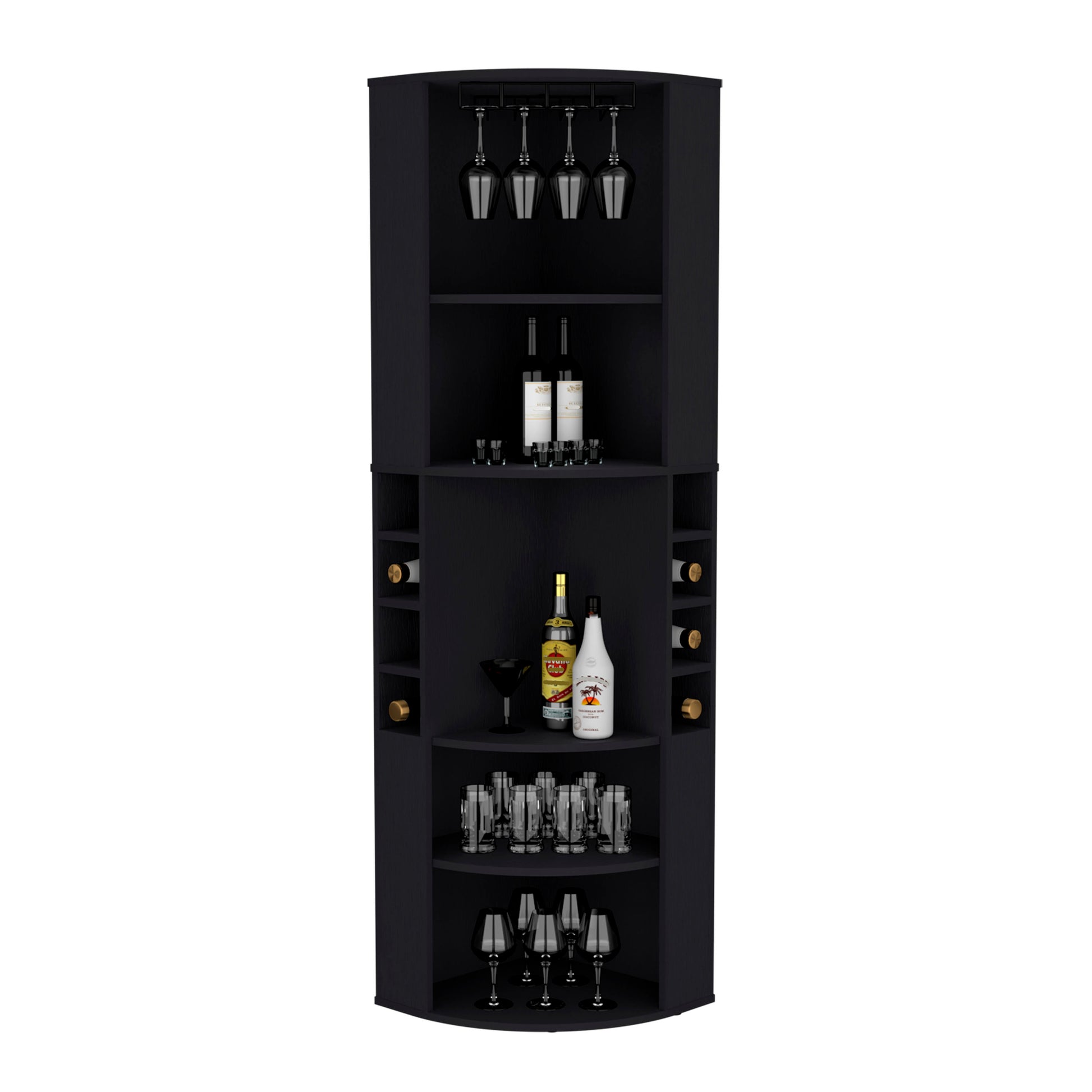 Black corner bar cabinet with tiered shelving wine bottle holders and glass racks