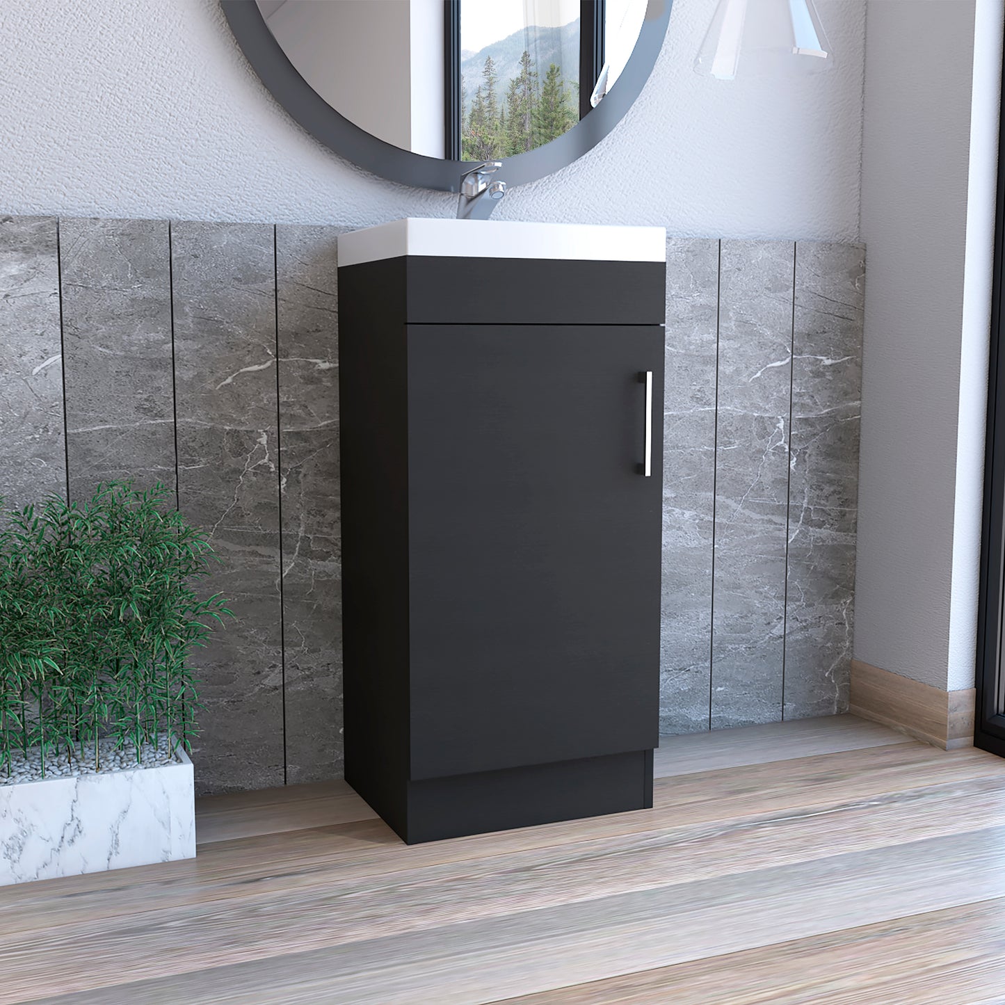 Sleek dark gray vanity cabinet with a silver handle for modern bathrooms