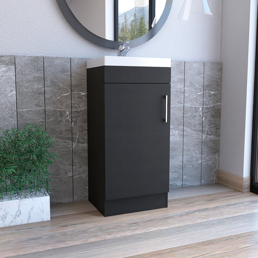 Sleek dark gray vanity cabinet with a silver handle for modern bathrooms