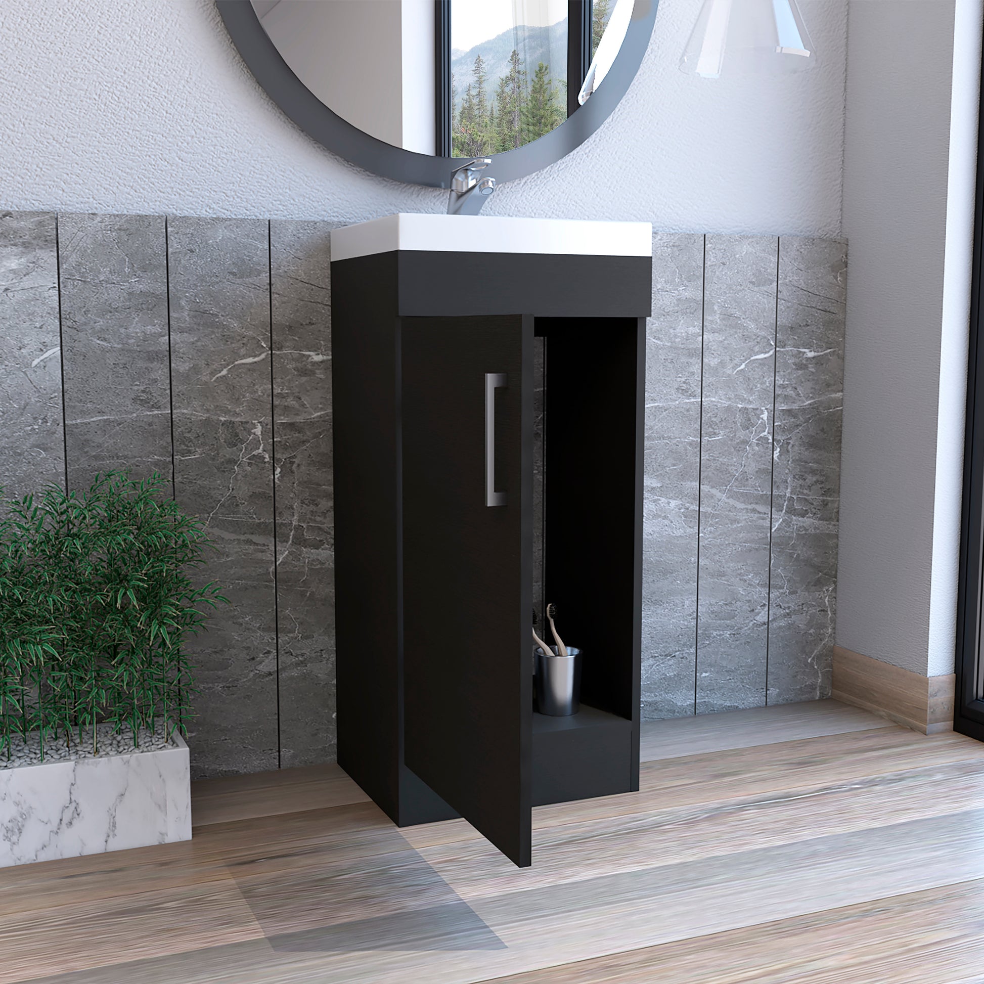 Modern dark wood bathroom vanity with open storage and sleek silver handle