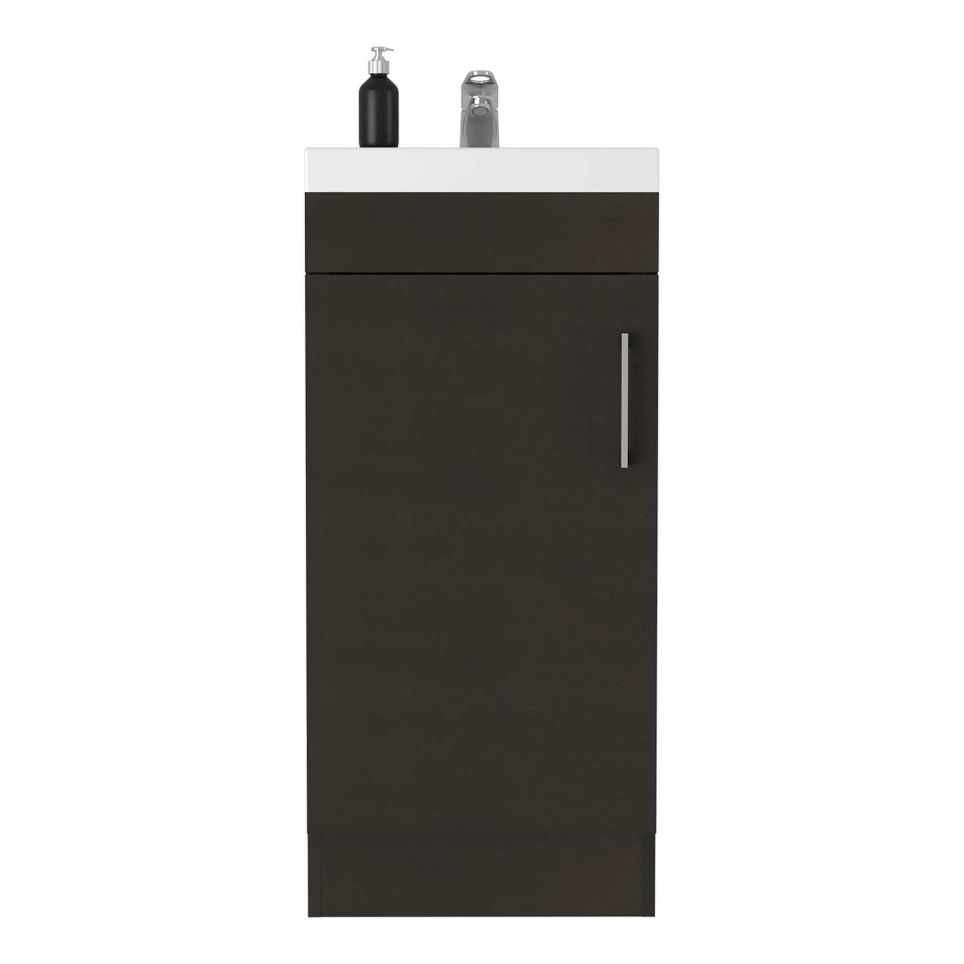 Slim dark wood vanity with integrated white sink and chrome faucet