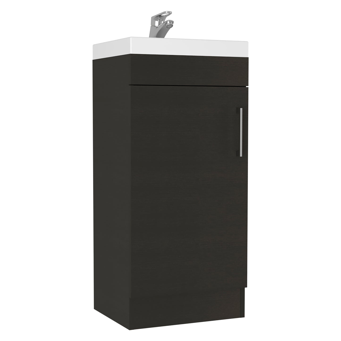 Dark wood bathroom vanity with white ceramic top and chrome faucet