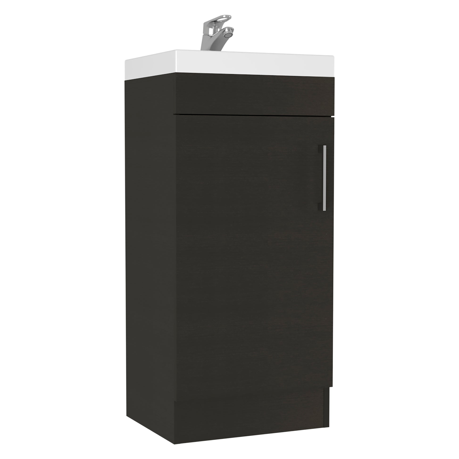 Dark wood bathroom vanity with white ceramic top and chrome faucet