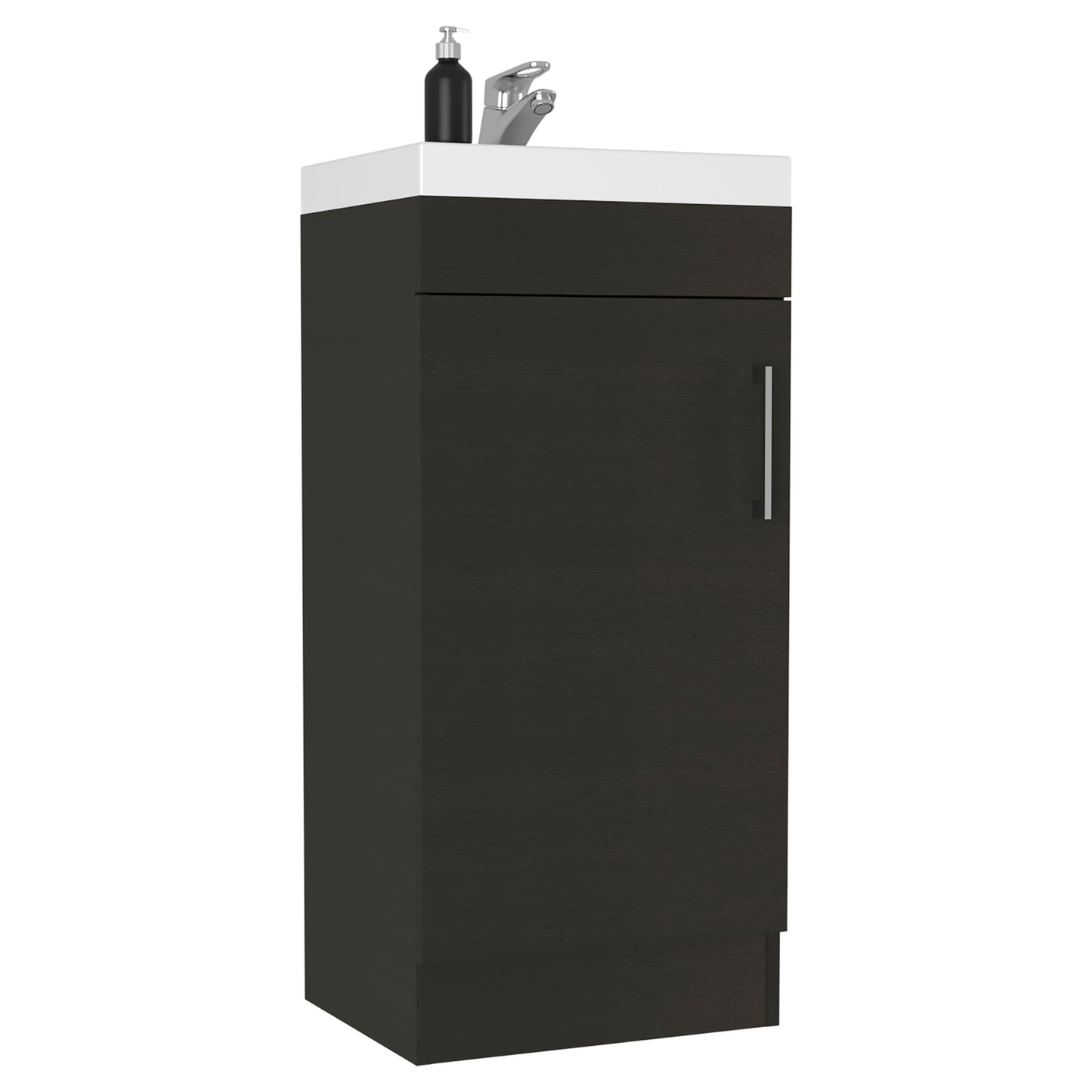 Dark wood narrow vanity with white countertop and modern chrome faucet