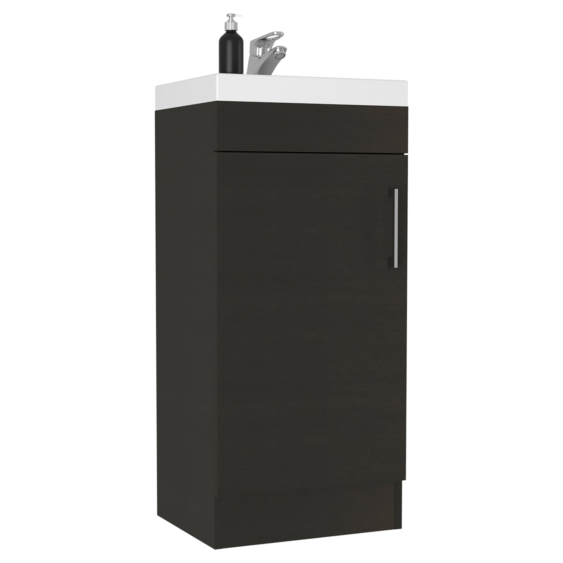 Dark wood narrow vanity with white countertop and modern chrome faucet