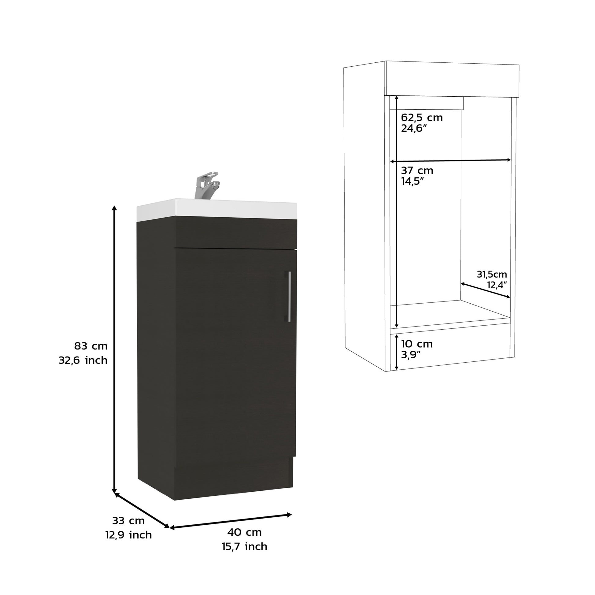 Dark wood veneer vanity cabinet with white countertop and chrome faucet cm high