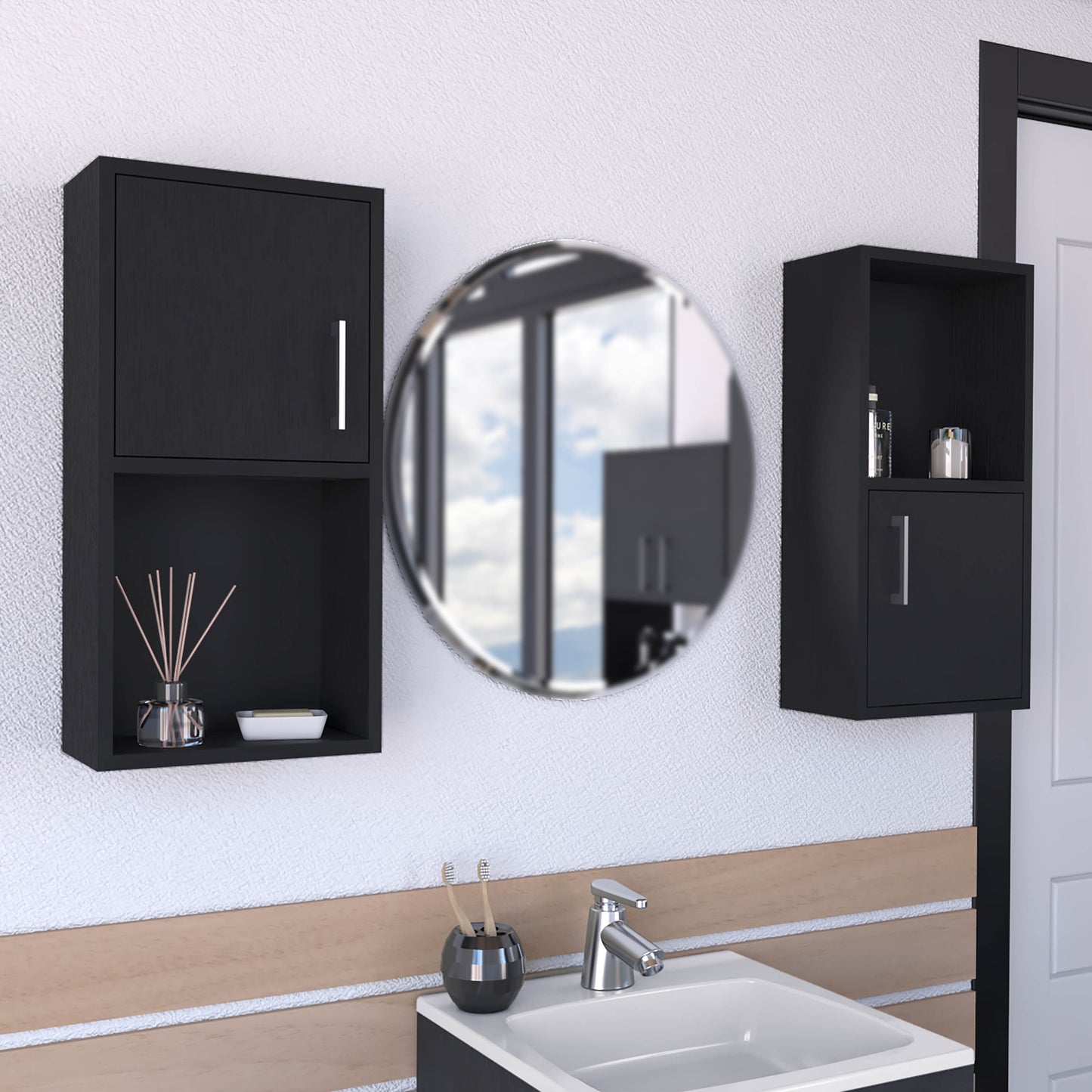 Modern black bathroom cabinet with open shelf perfect for small spaces