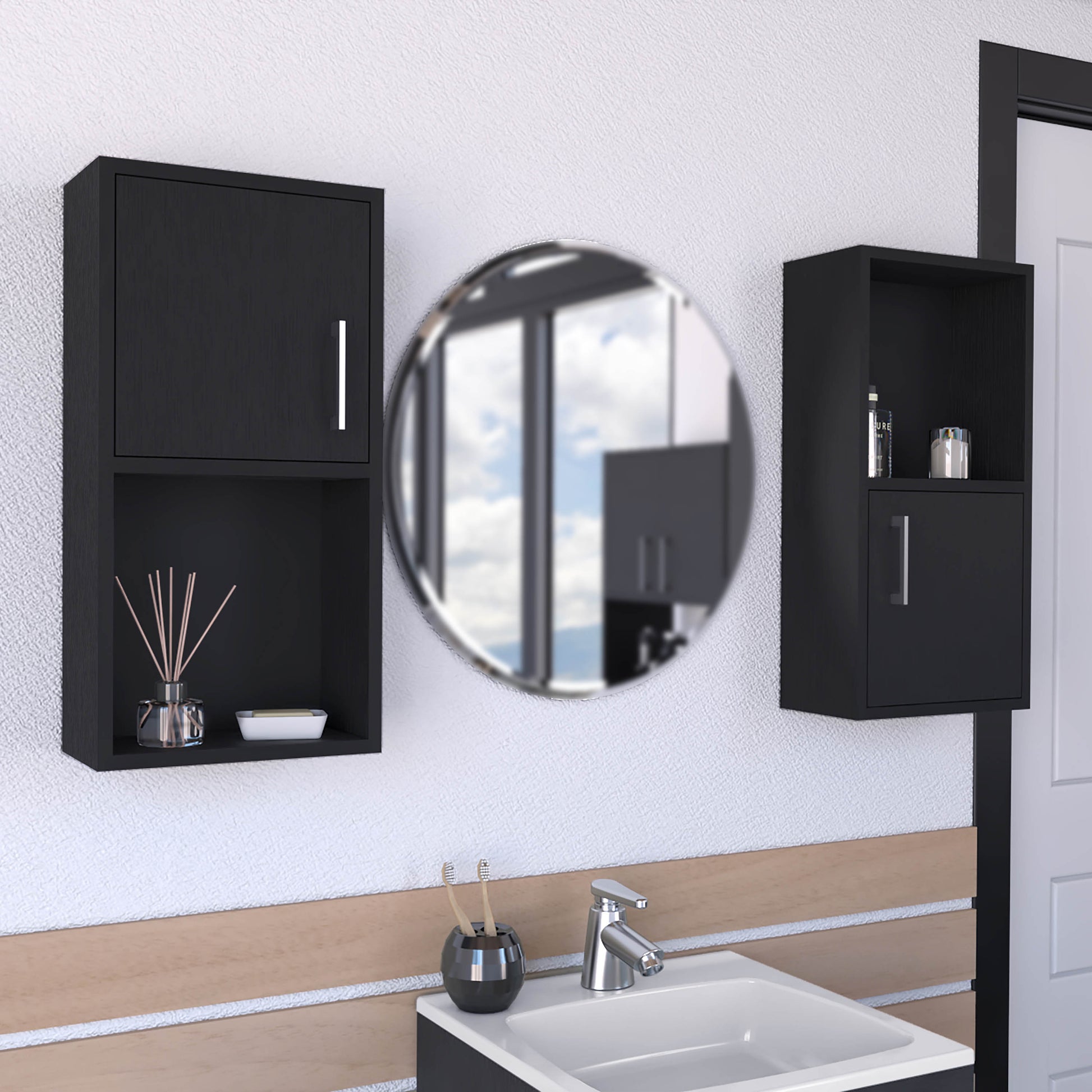 Modern black bathroom cabinet with open shelf perfect for small spaces