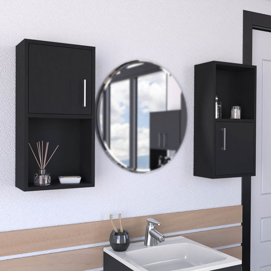 Modern black bathroom cabinet with open shelf perfect for small spaces