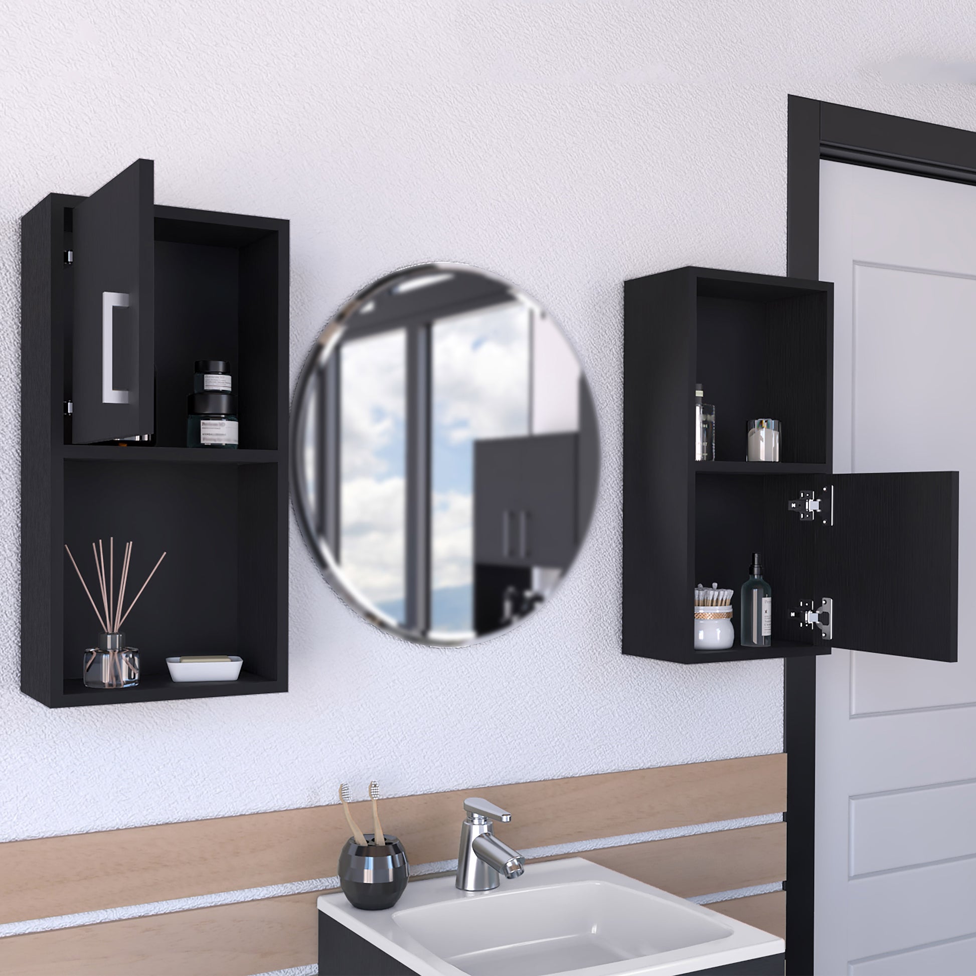 Black modern wallmounted bathroom cabinet with open door showcasing skincare products
