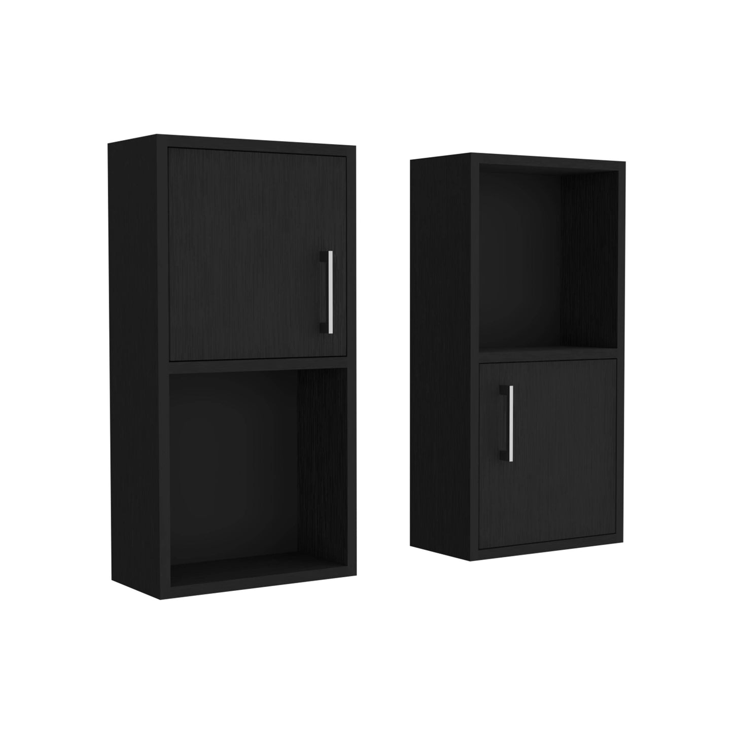 Black modern wall shelf with one door and one open compartment