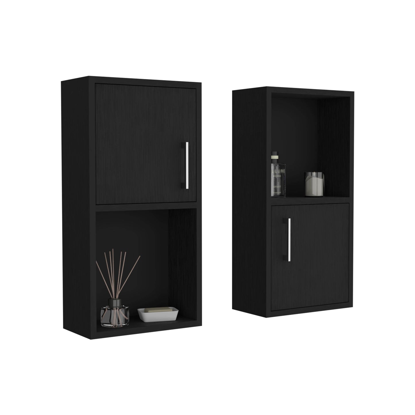 Two black modular storage cubes one with a door perfect for entryway organization