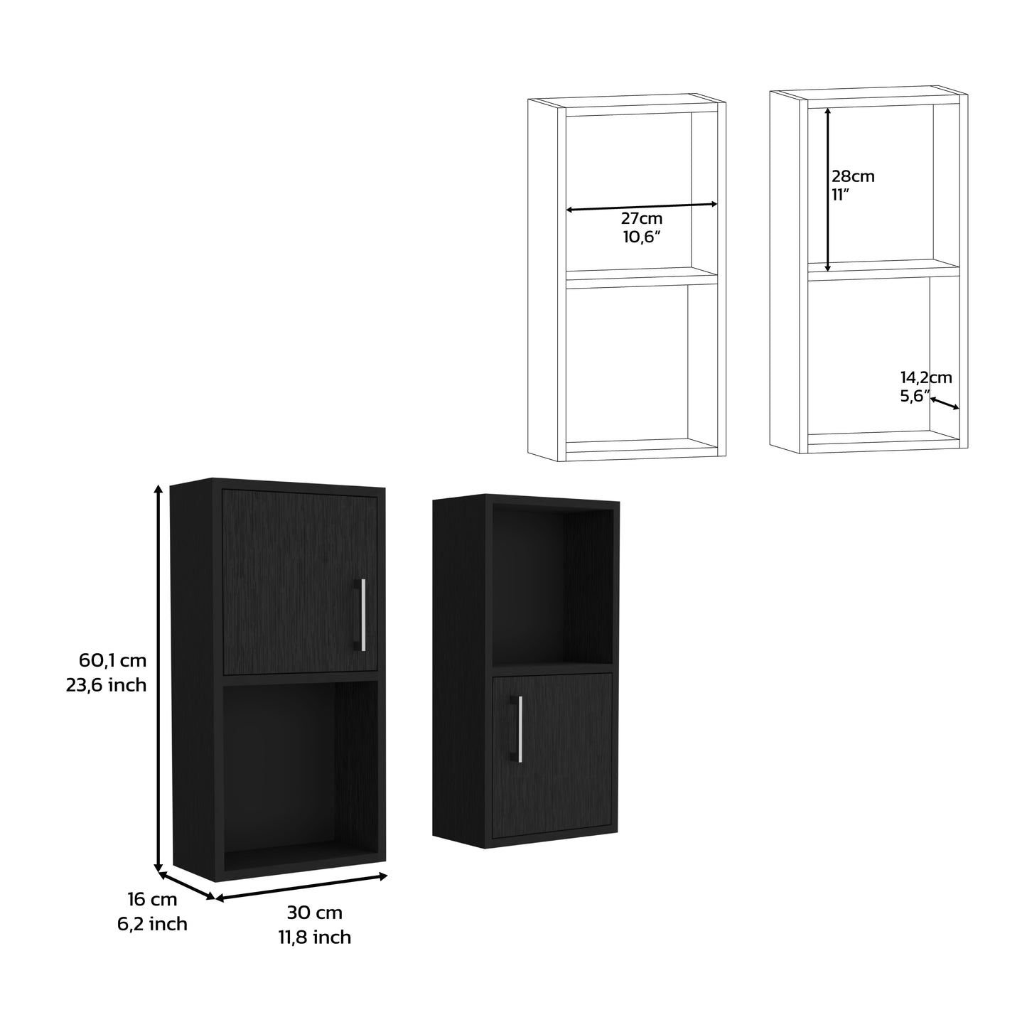 Black twocompartment storage cabinet with silver handle