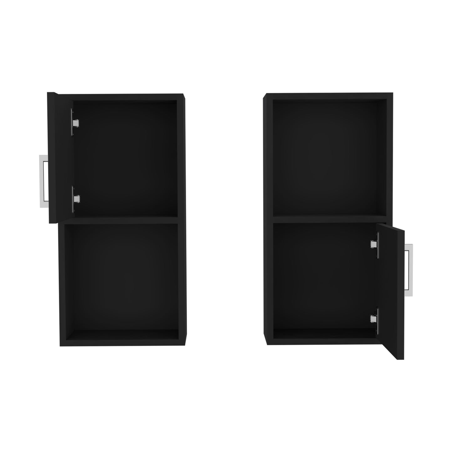Open black twoshelf cabinet with silver handle modern design