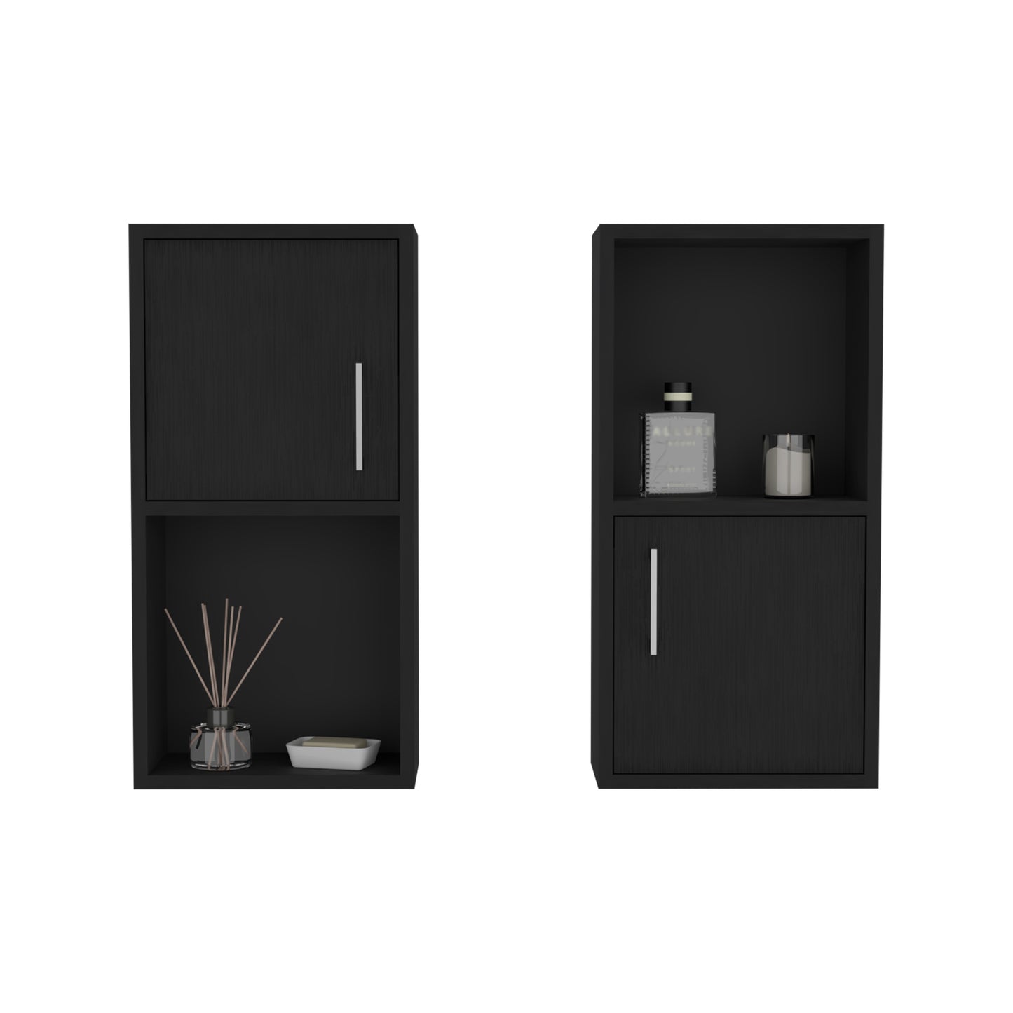 Black modern wall shelf with a single door cabinet and open shelf space