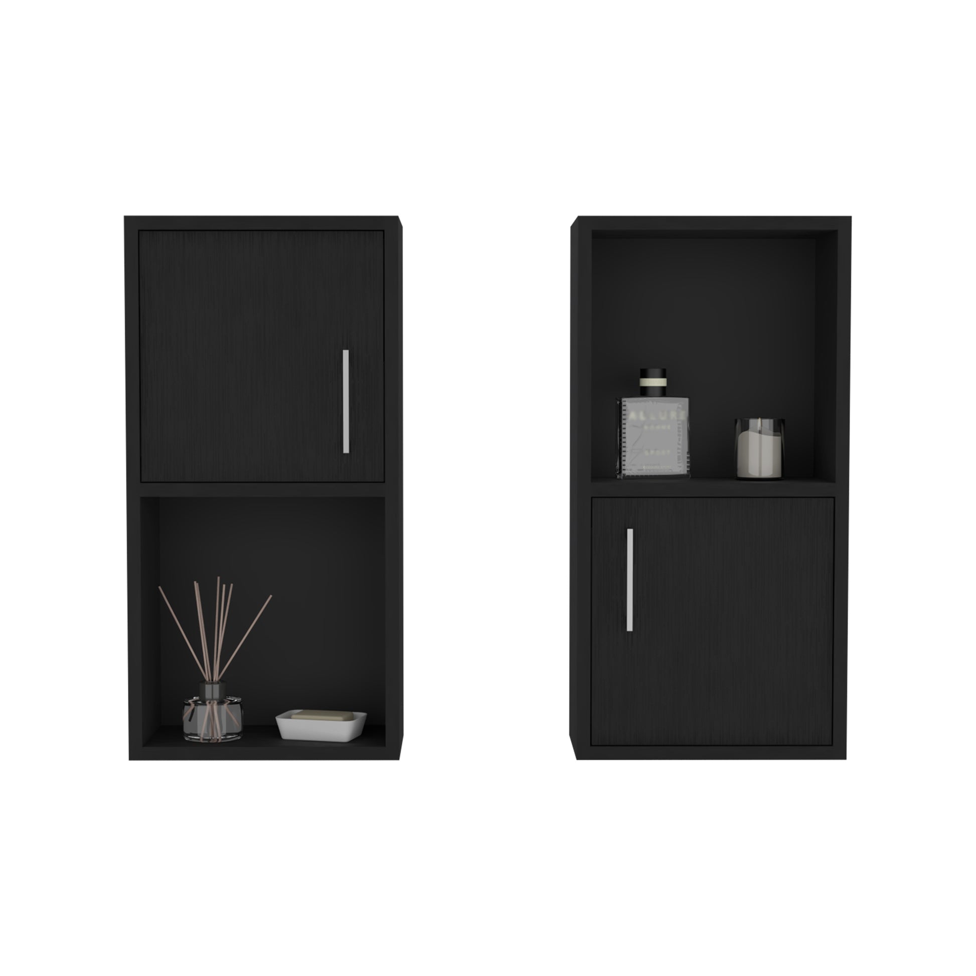Black modern wall shelf with a single door cabinet and open shelf space