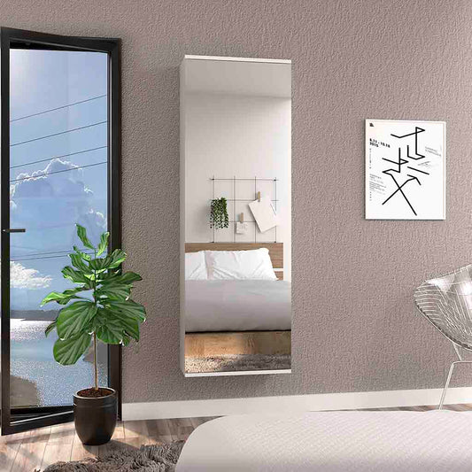 Fulllength modern wall mirror with minimalist white frame reflecting a bedroom scene