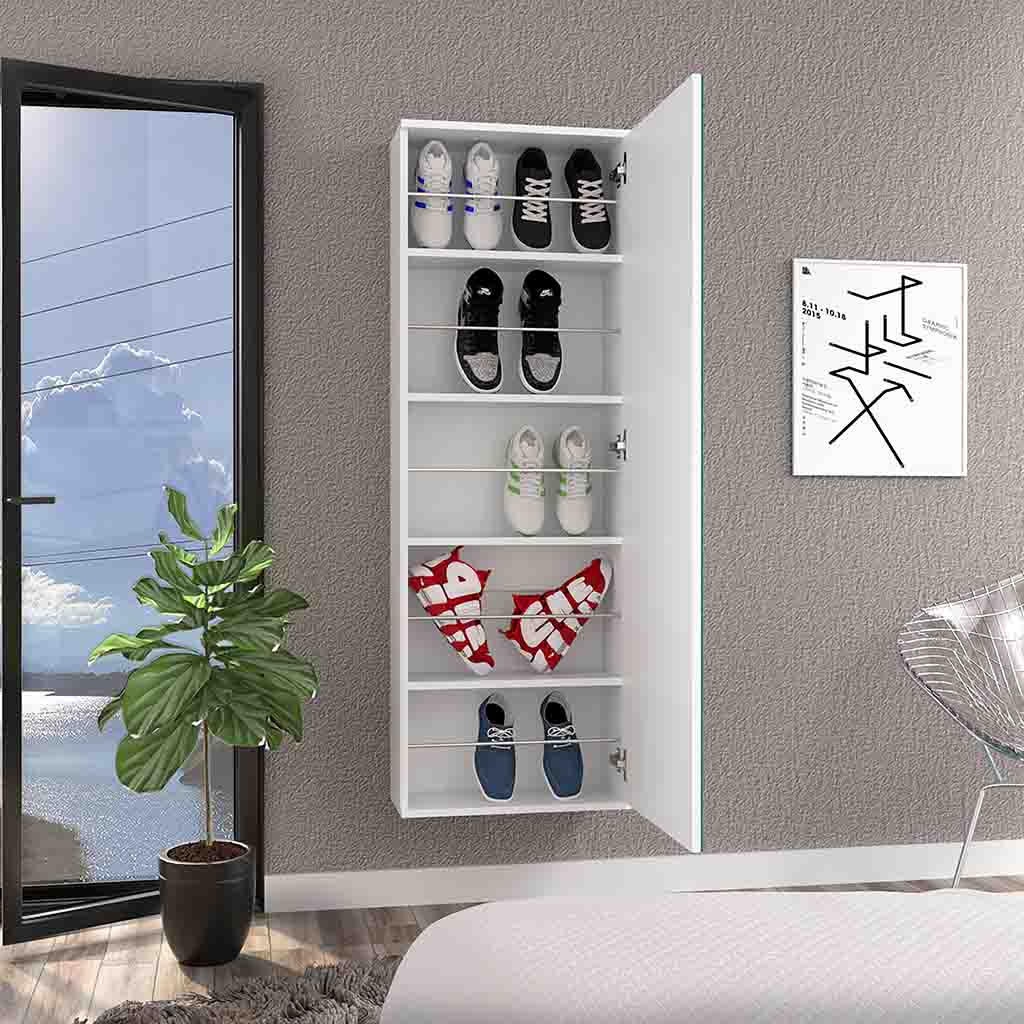 White wallmounted shoe cabinet with  shelves showcasing various footwear