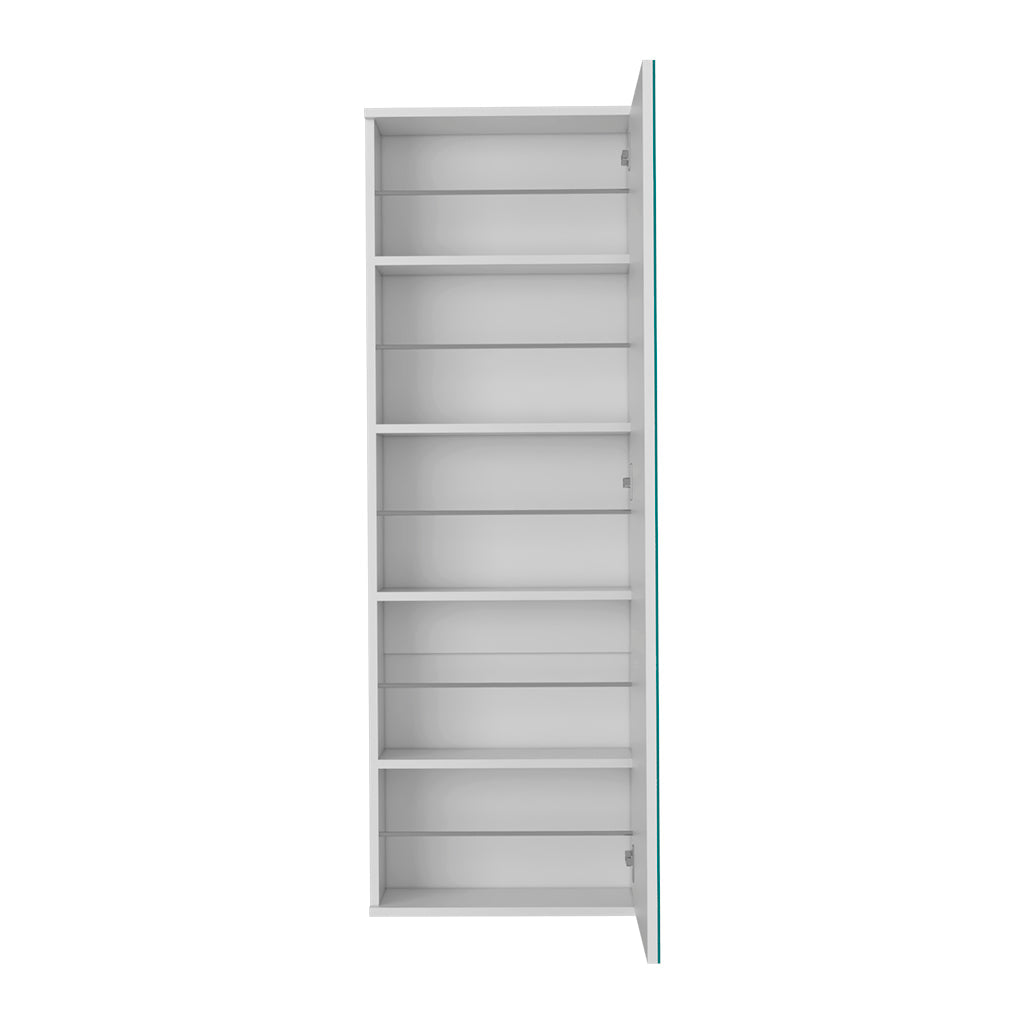 White tall linen cabinet with seven adjustable shelves ideal for bathroom storage