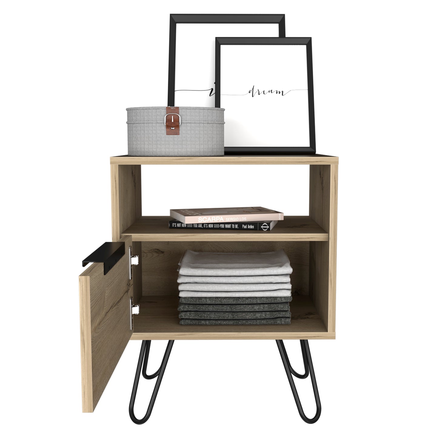 Wooden nightstand with open compartment stacked towels and decorative box