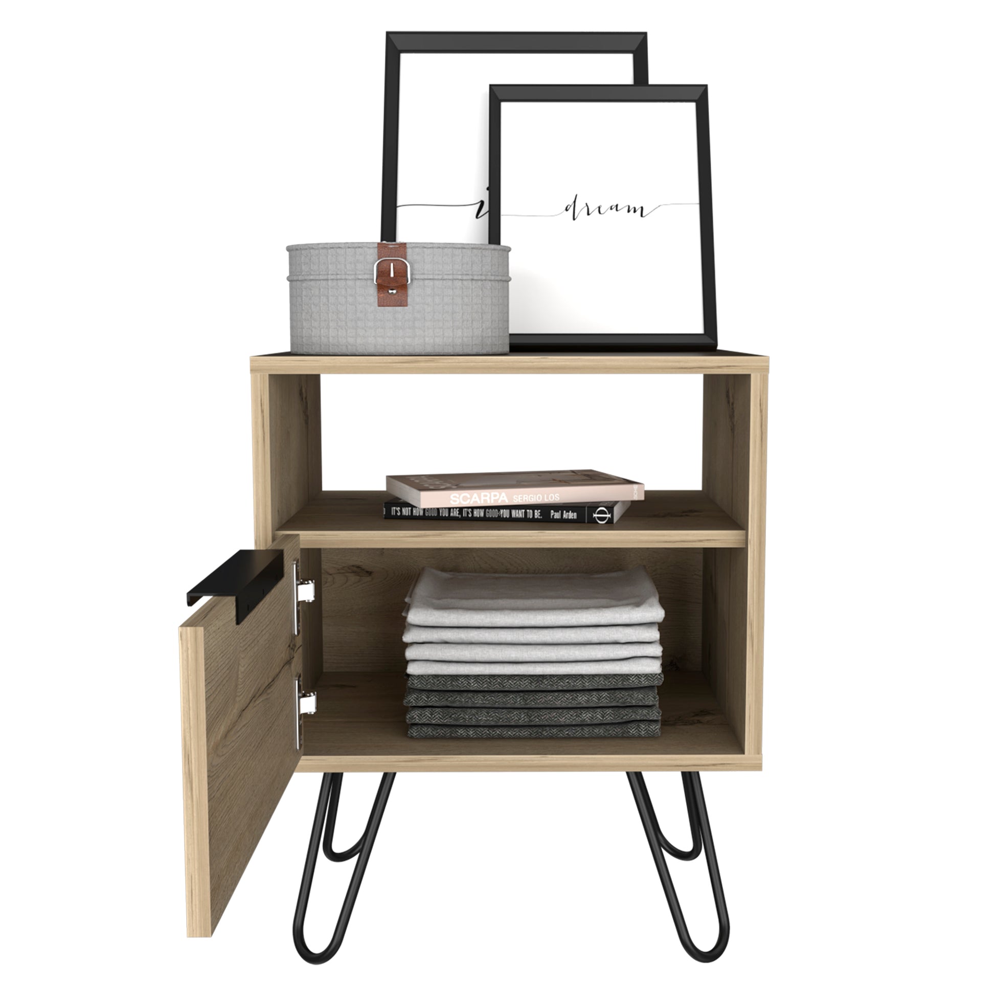 Wooden nightstand with open compartment stacked towels and decorative box