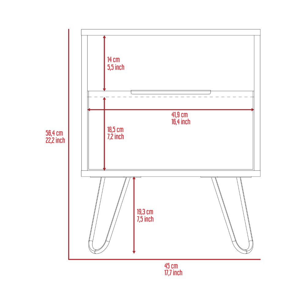 Line drawing of a white nightstand with hairpin legs showing dimensions in cm and inches