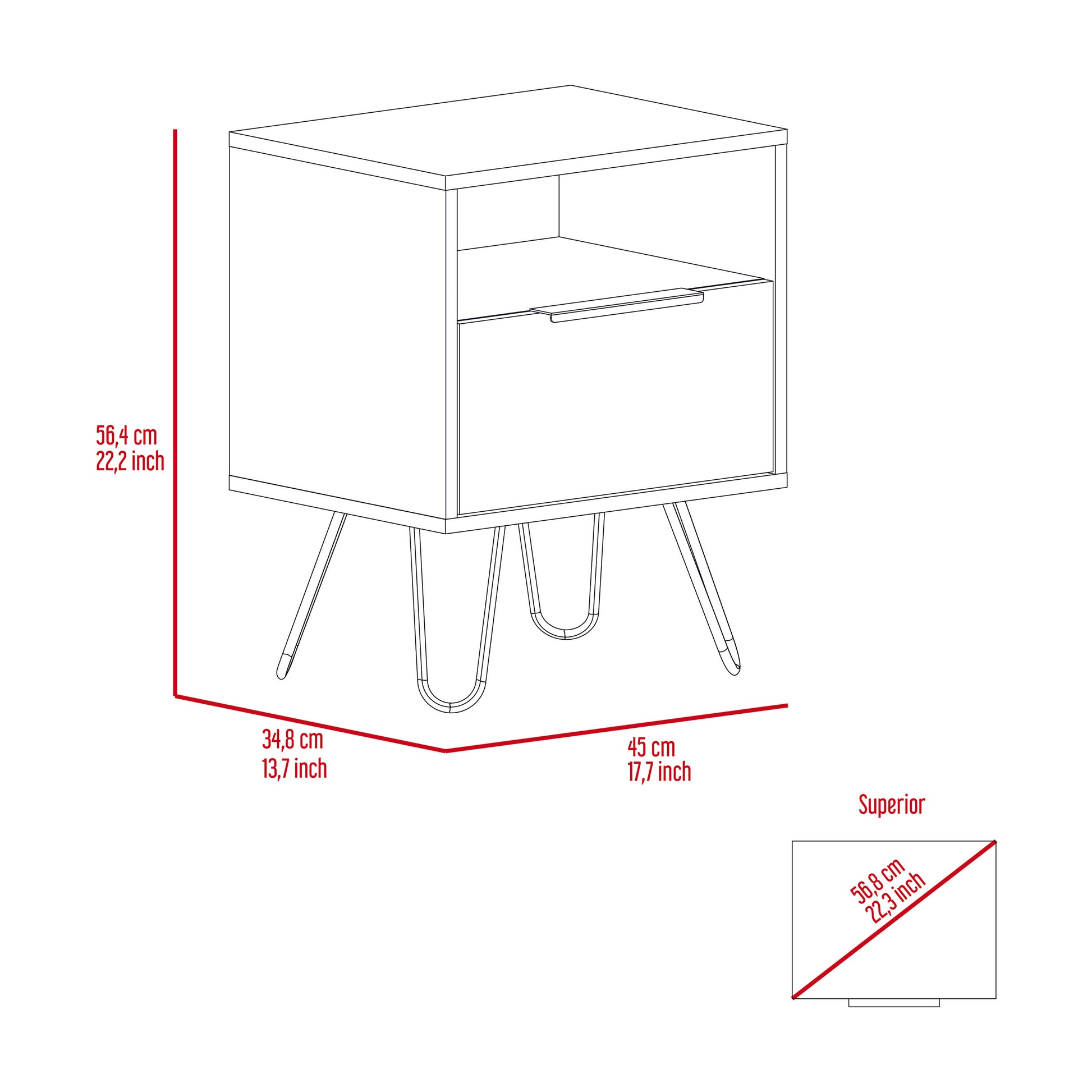 Minimalist bedside table with one drawer and hairpin legs midcentury modern style