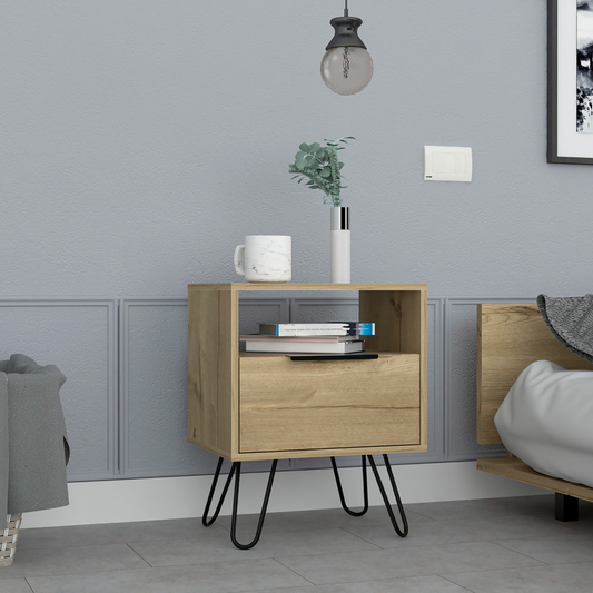 Natural wood nightstand with drawer and open shelf on hairpin legs