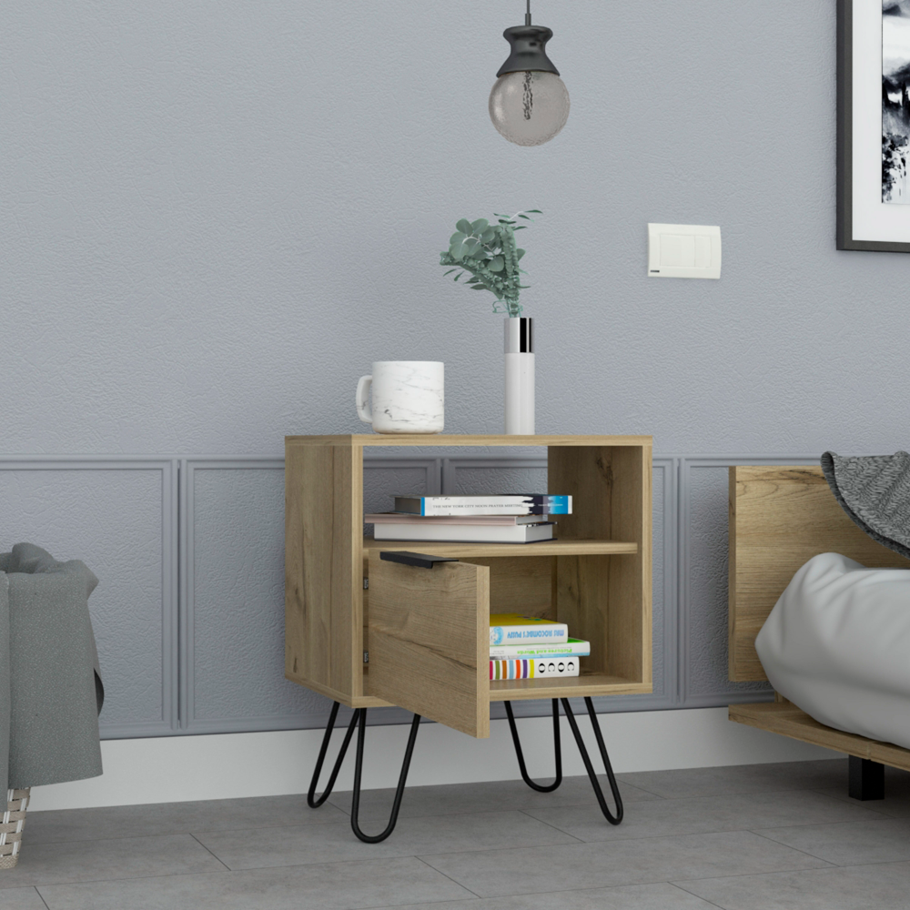 Wooden nightstand with open shelf one drawer and metal hairpin legs