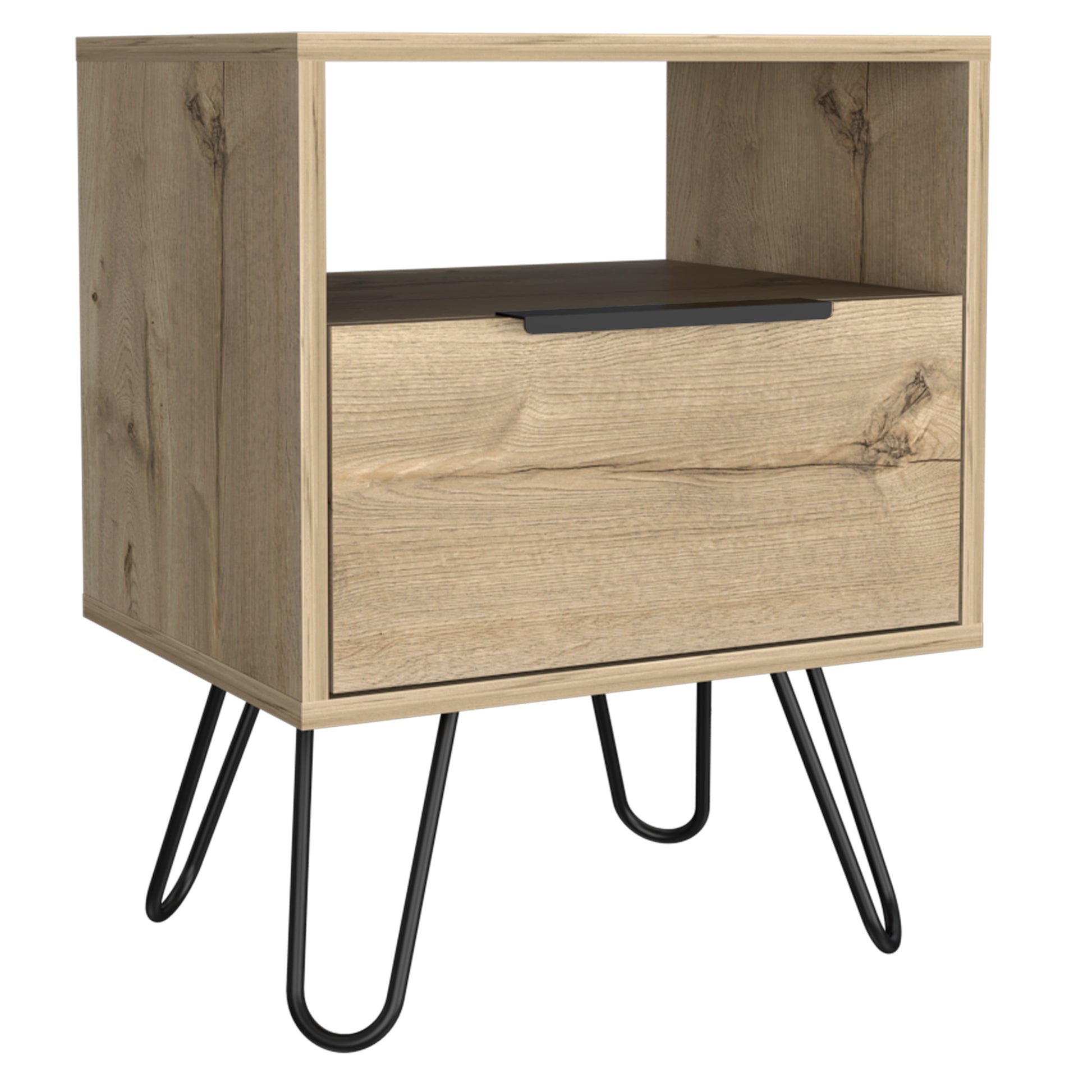 Natural wood finish nightstand with one drawer and open shelf on hairpin legs