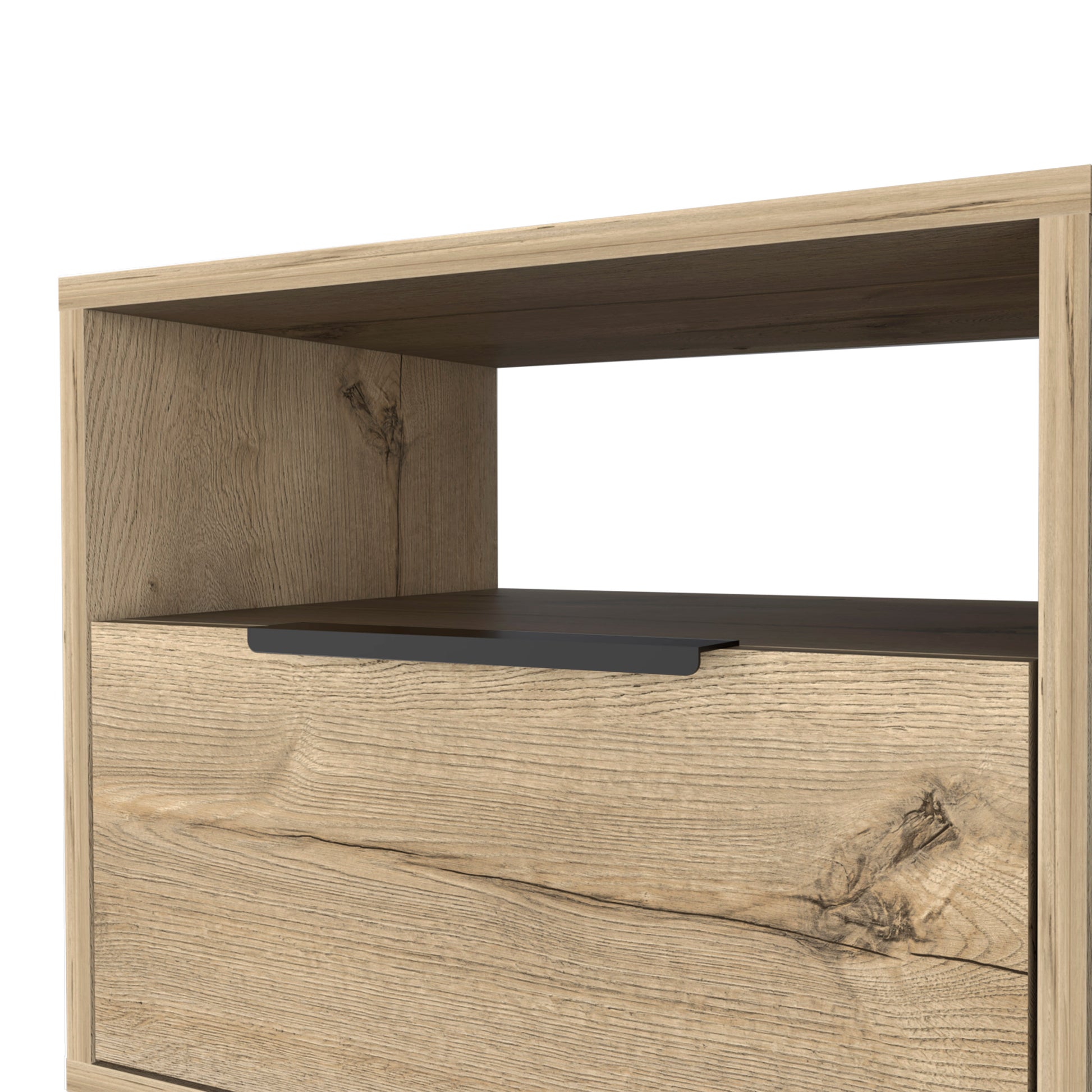 Oak effect bedside table with drawer and open shelf