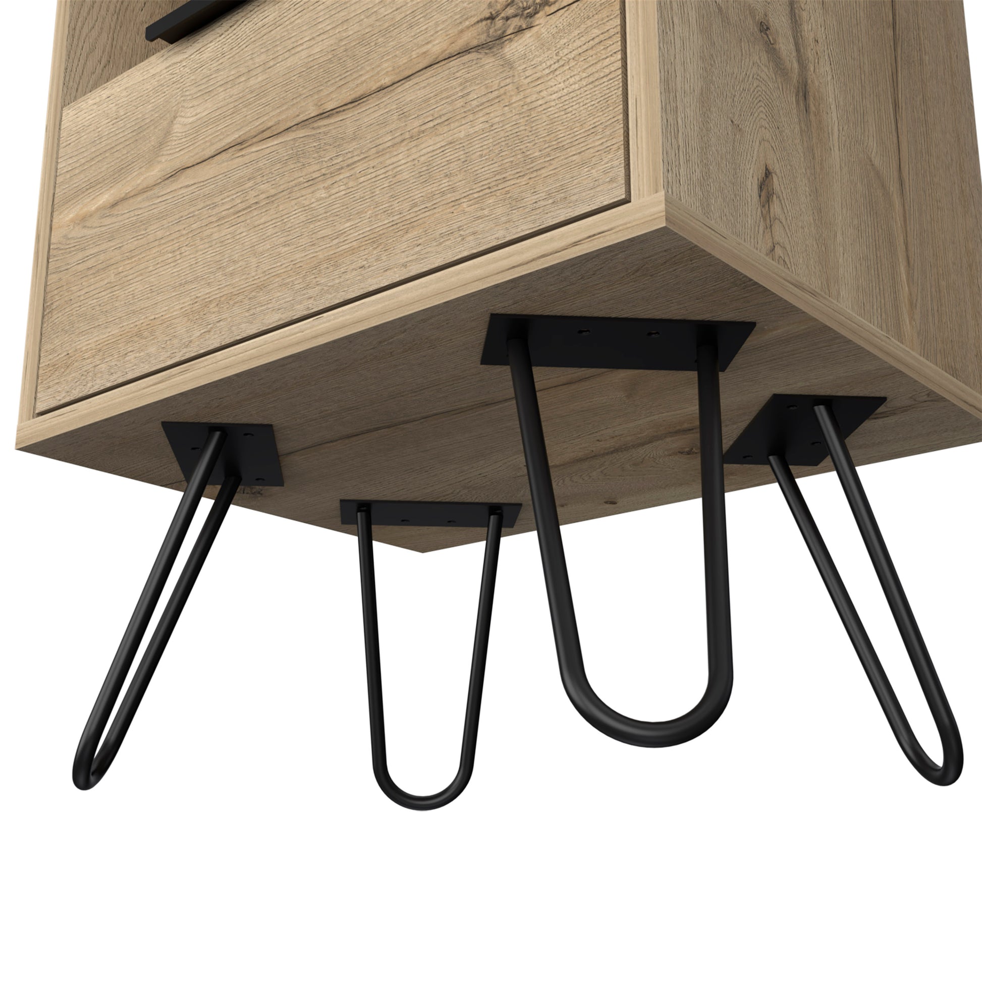 Rustic oak veneer bedside table with black hairpin legs two drawers and minimalist handle