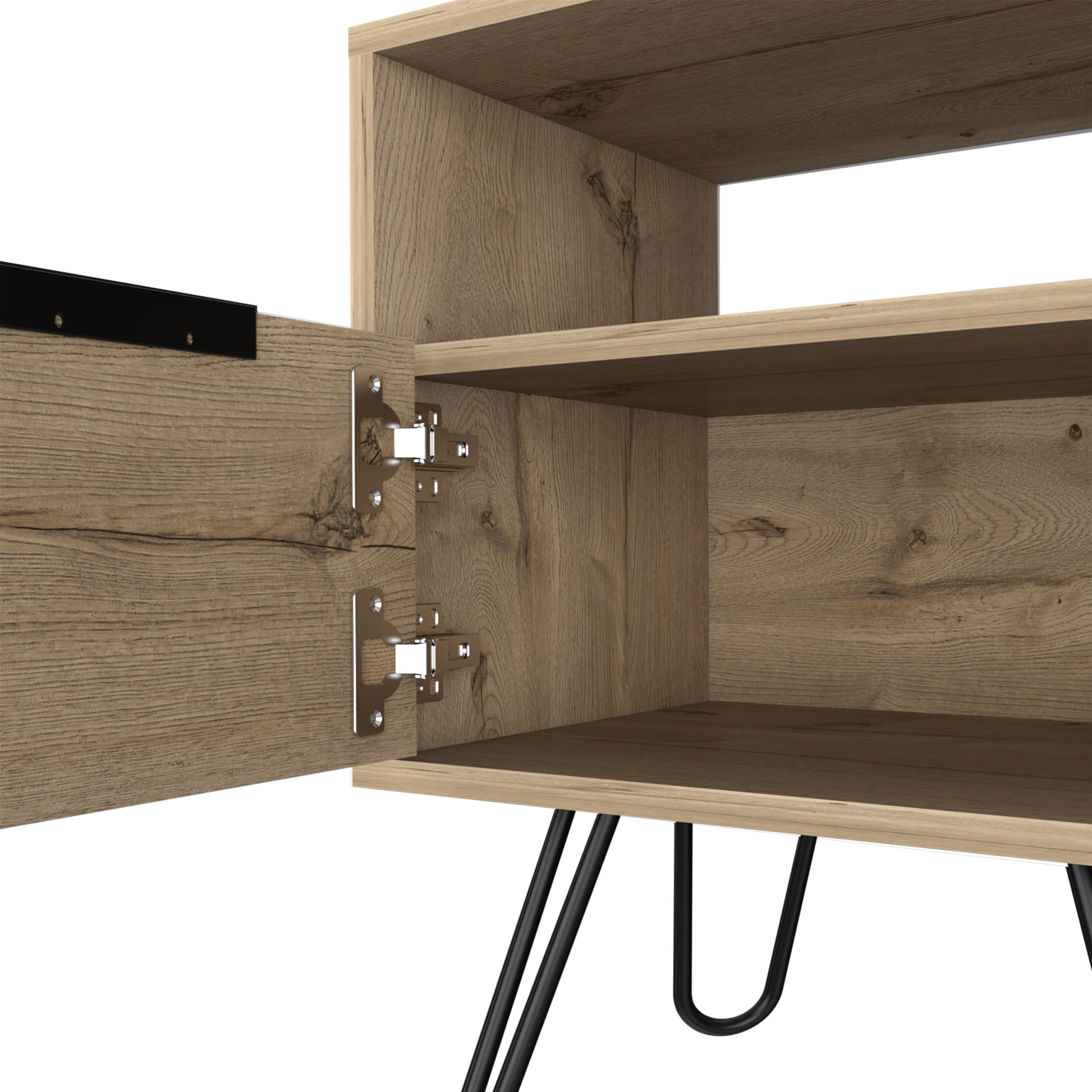 Wooden cabinet with open door and visible hinges black metal hairpin legs