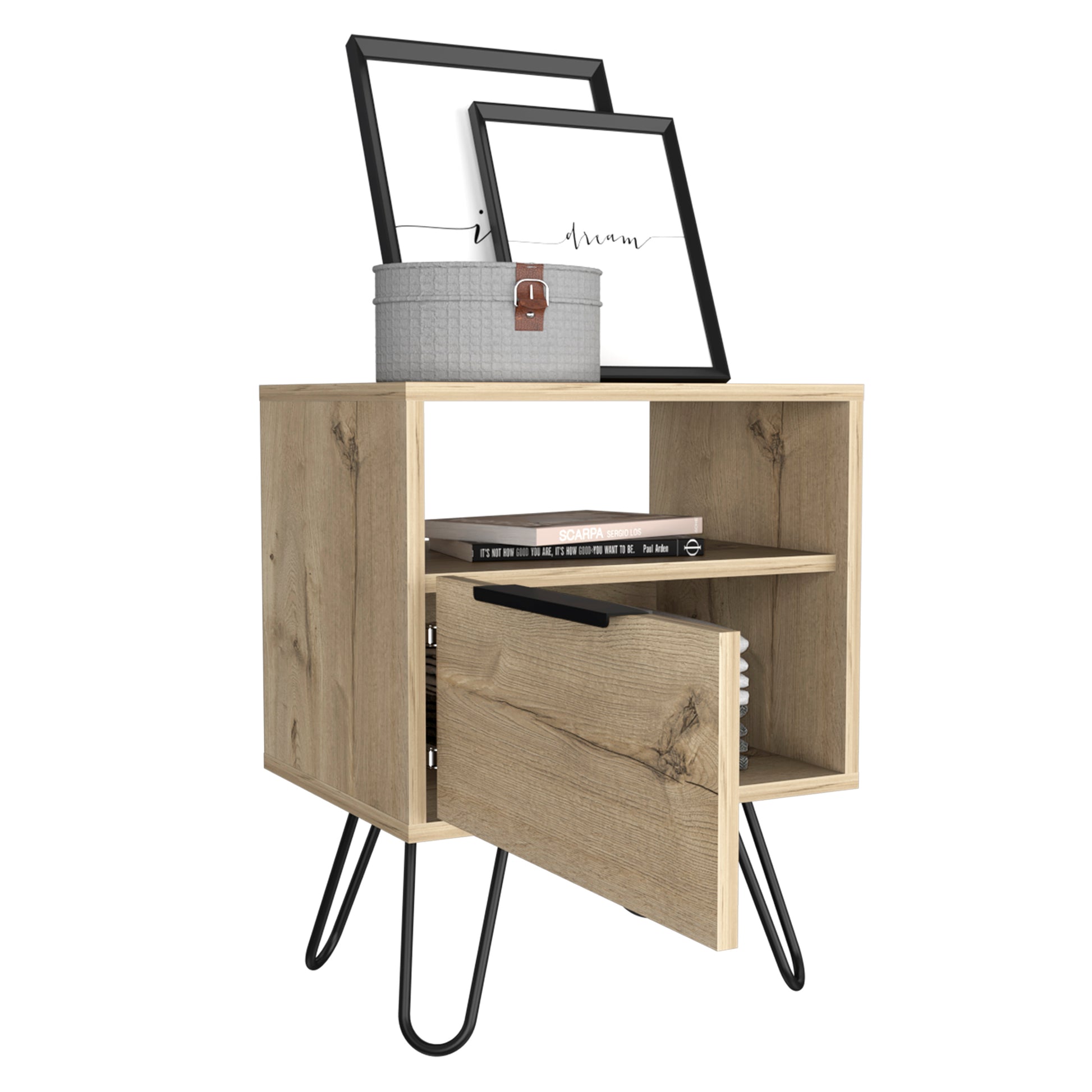 Light oak bedside table with hairpin legs and open storage compartment