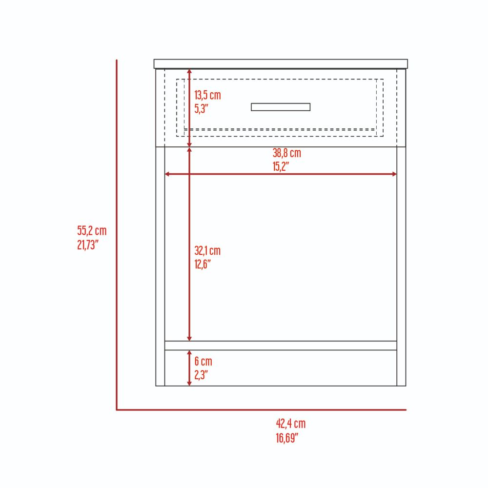 Blueprint diagram of a modern nightstand with dimensions for drawer and shelves