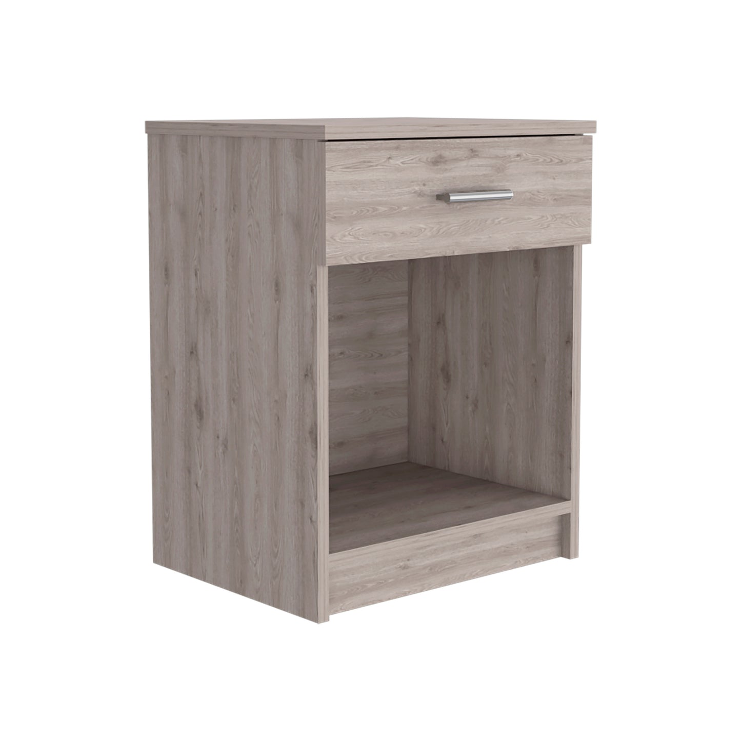 Light brown wood grain bedside table with one drawer and an open shelf