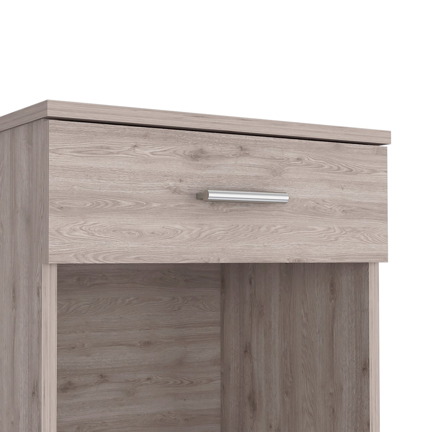 Light oak veneer drawer with brushed nickel pull part of a modern dresser