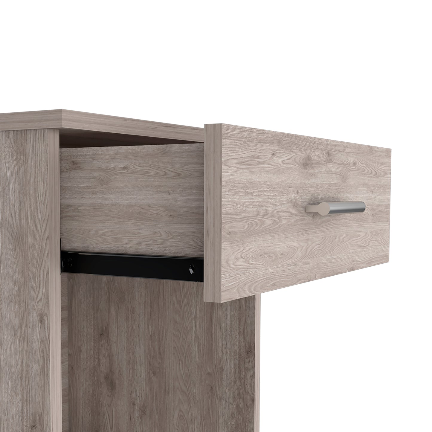 Light oak laminate drawer with silver handle partially open