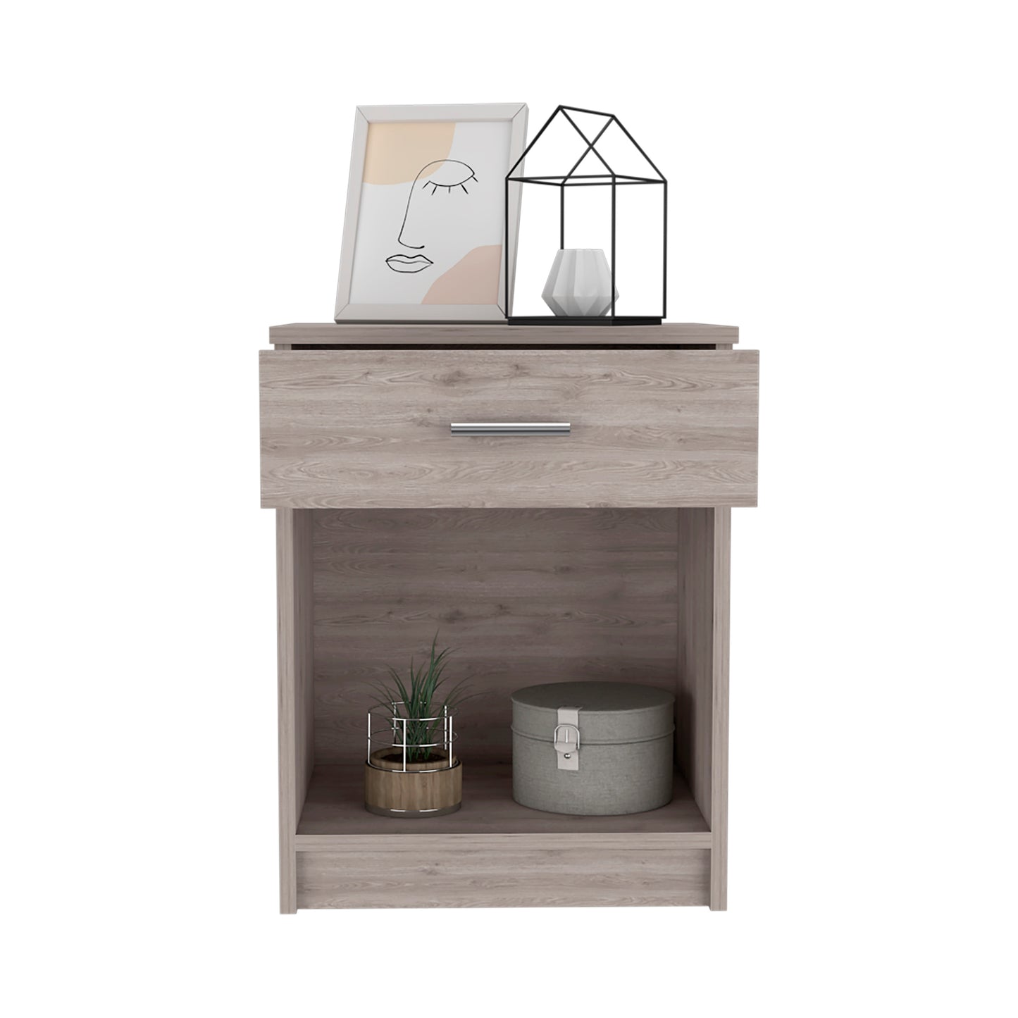 Light oak veneer nightstand with one drawer and an open shelf