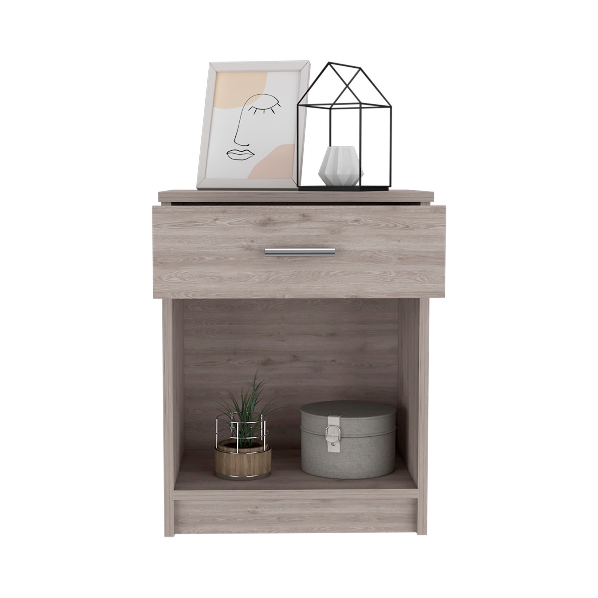 Light oak veneer nightstand with one drawer and an open shelf