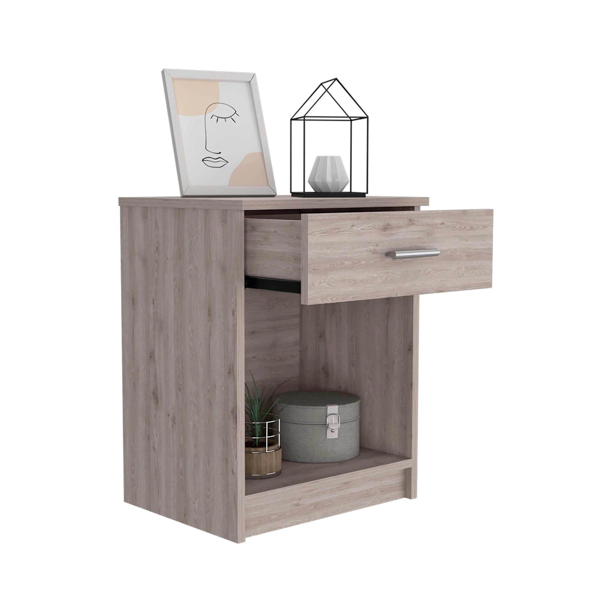 Light oak wood veneer nightstand with one open drawer and a lower shelf displaying decor