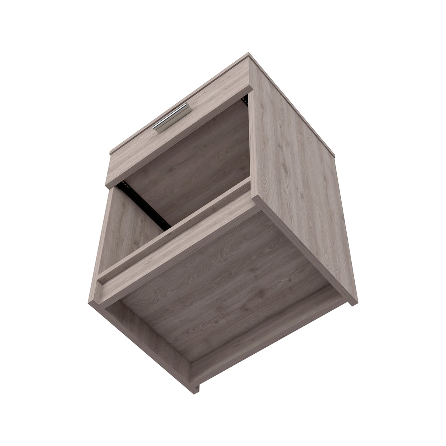 Modern grey wood bedside table with a single drawer and open shelf space
