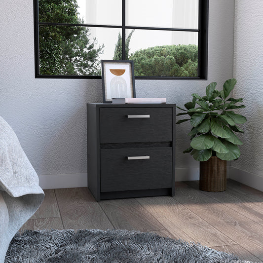 Dark gray wood finish nightstand with two drawers and silver handles