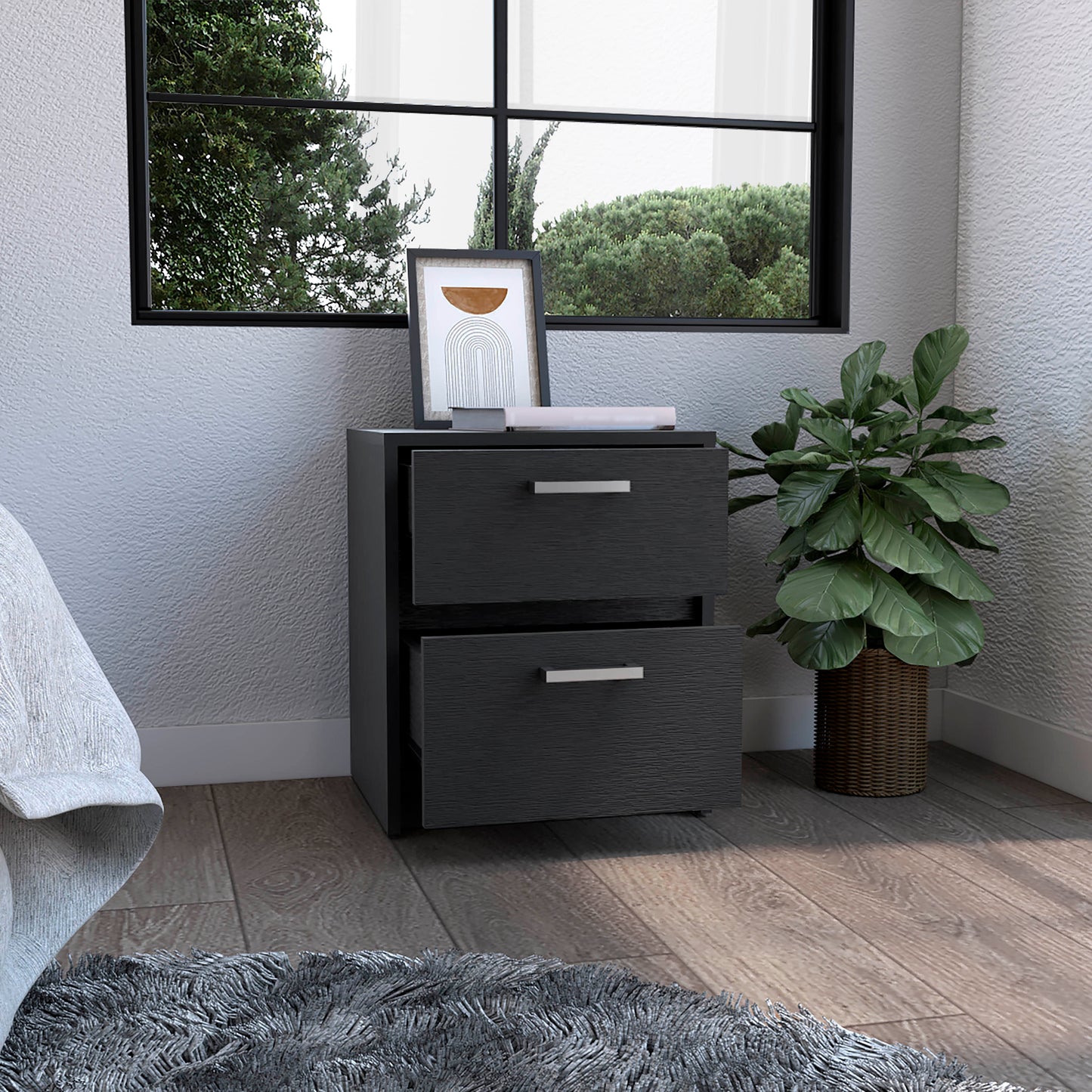 Modern twodrawer dark gray nightstand with brushed nickel pulls