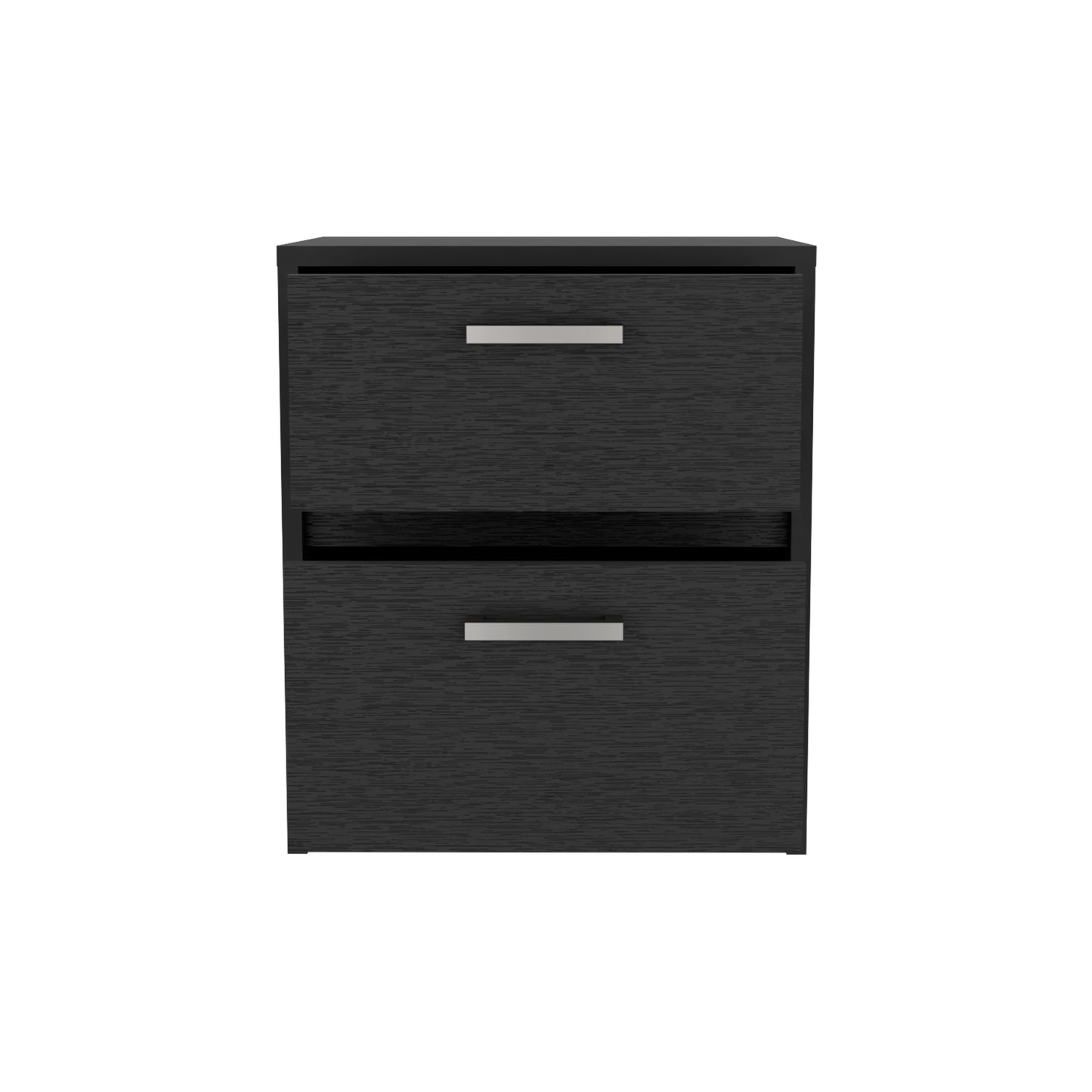 Black twodrawer filing cabinet with brushed nickel handles ideal for office storage