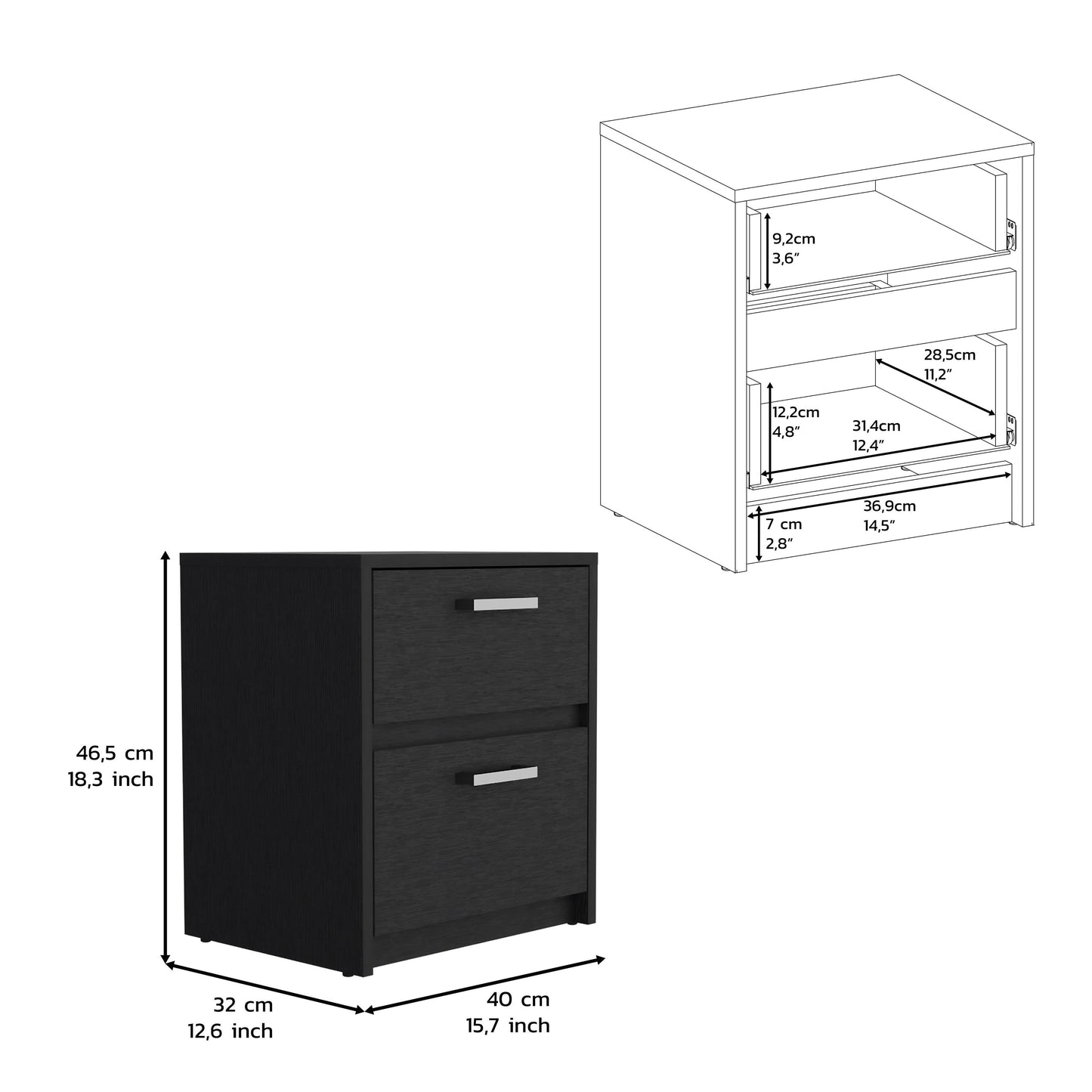 Black twodrawer filing cabinet with modern silver handles cm H x cm W x cm D