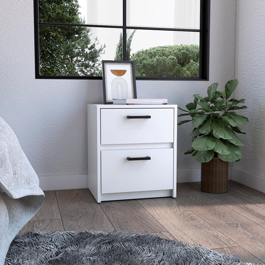 White twodrawer nightstand with black handles featuring art and books on top