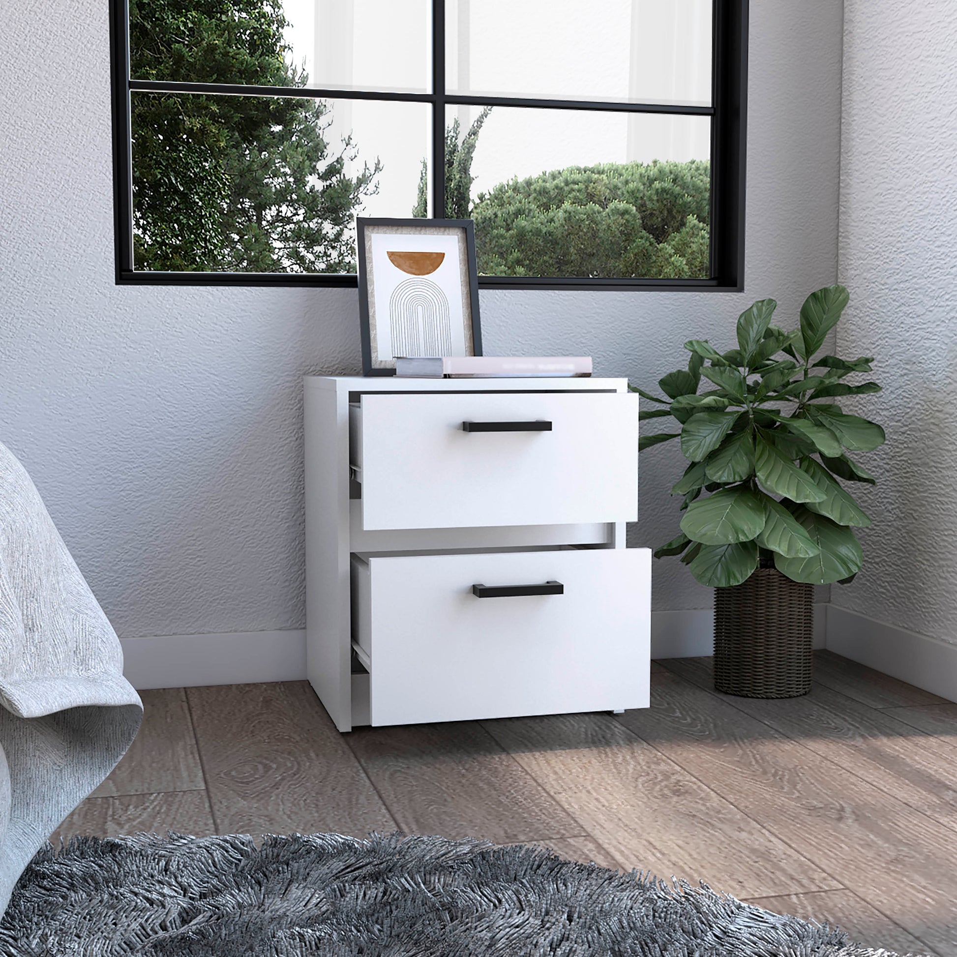 Modern white twodrawer nightstand with black handles perfect for bedroom storage